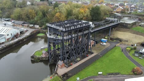 Industrial-Victorian-Anderton-canal-boat-lift-Aerial-view-River-Weaver-rising-tilt-down-push-in