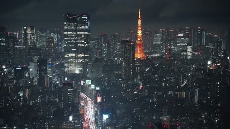 Tokyo-Tower-And-Cityscape-During-Nighttime-In-Japan---real-time,-wide-shot