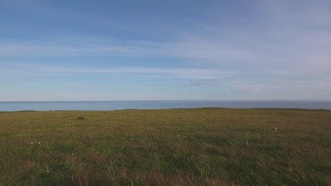 Meadow-on-Top-of-Hill-in-The-Summer-Evening-to-The-Baltic-Sea,-In-South-Sweden-Skåne-Österlen-Kåseberga-Near-Ales-Stenar,-Aerial-Low-From-Close-To-Ground-To-Far-From-Sea-Level