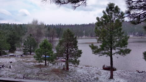Calm-Lake-Surrounded-by-Evergreen-Trees-with-Snow-Lightly-Falling