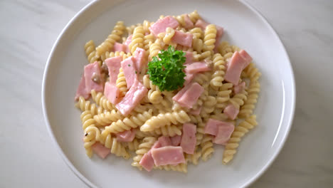 spirali-or-spiral-pasta-mushroom-cream-sauce-with-ham---Italian-food-style