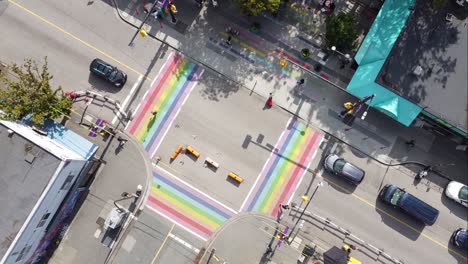 1-3-aerial-twist-panaramic-birds-eye-view-above-Davie-and-Bute-rainbow-sidewalks-in-downtown-Vancouver's-Gay-Village-Coimmunity-on-a-sunny-afternoon-with-COVID-19-barriers-on-streets-for-safe-walking