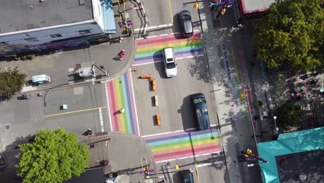 3-3-aerial-twist-panaramic-birds-eye-view-above-Davie-and-Bute-rainbow-sidewalks-in-downtown-Vancouver's-Gay-Village-Coimmunity-on-sunny-afternoon-with-COVID-19-barriers-on-streets-with-light-traffic