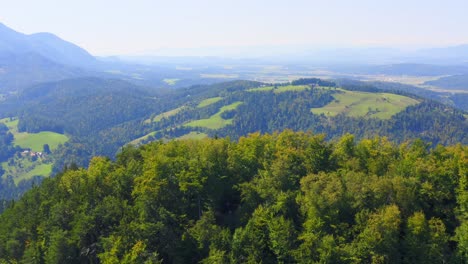 Aerial-drone-shot-of-landscape-vast-forest-and-mountains,-Slovenia