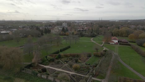 Waltham-Abbey-town-and-park-Essex-Aerial-4K-footage