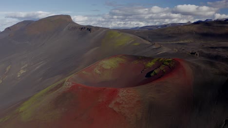Red-Volcanic-Craters-Of-Raudaskal-Mountains-In-The-Highlands-Of-Iceland,-Panning-Drone-Shot