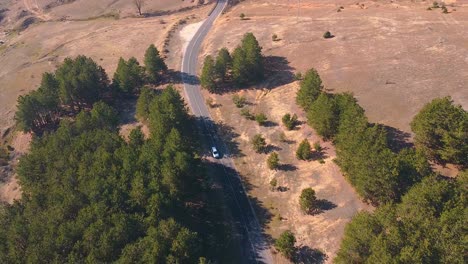Auto-Fährt-Durch-Wald-In-Einer-Bergdrohnenaufnahme