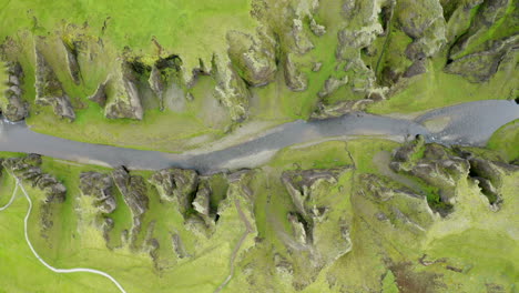 Magnificent-Drone-aerial-footage-of-Fjaðrárgljúfur-canyon-with-huge-100m-sheer-walls-in-south-Iceland