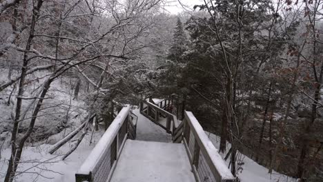 POV-Walking-on-Snowy-Footbridge-in-the-Forest-to-a-Viewing-Deck,-Winter-Scene