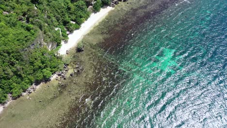 Aerial-view-along-a-rocky-coastline,-calm-ocean-waves,-clear-water-and-growing-forest