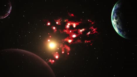 Una-Nube-De-Nebulosas-Y-Una-Estrella-Brillante-Contra-El-Primer-Plano-De-Tres-Planetas