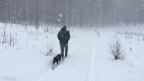 Un-Hombre-Con-Una-Chaqueta-De-Camuflaje-Camina-Por-Un-Camino-Nevado-Durante-Una-Tormenta-De-Nieve