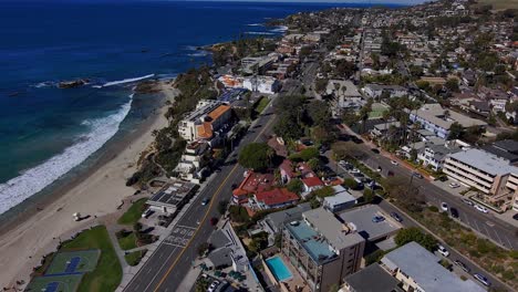 Aerial-view-over-Pacific-coast-highway-running-through-Laguna-Beach,-California
