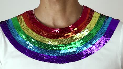 Modeling-a-sequined-T-shirt-​commemorating-Gay-Pride-Day