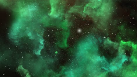 point-of-view,-entering-the-space-of-green-nebula-cloud-hovering-in-the-universe