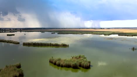 Aerial-low-pass-trucking-shot-of-wetlands-and-farm-fields-with-distant-heavy-rain
