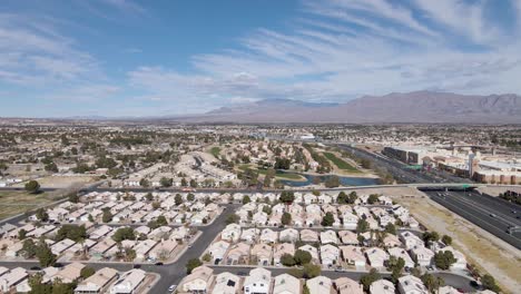 Aerial-View-Summerlin-Suburbs,-Las-Vegas-With-Mountains-In-Background