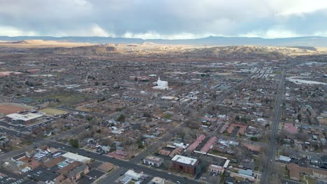 Aerial-View-Of-St-George-Town,-Temple-And-Dixie-State-University,-Utah