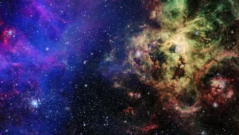 Nubes-Nebulosas-Amarillas-Rojas-Y-Azules-Moviéndose-En-El-Vacío-Del-Universo,-Espacio