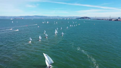 Drohne-Jagt-Kleine-Segelboote-über-Die-Bucht-Von-San-Francisco-An-Einem-Klaren-Tag-Mit-Blauem-Himmel-Und-Der-Bay-Bridge-Im-Hintergrund