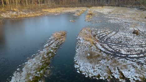 Aerial-close-flight-over-snow-covered-marshlands-area-in-winter