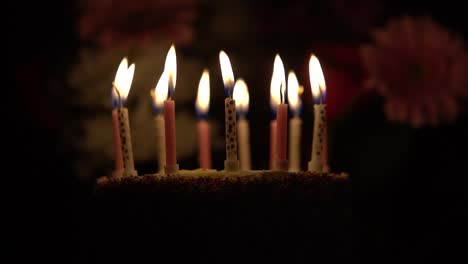 Candles-lit-for-12th-birthday-cake-on-dark-floral-background