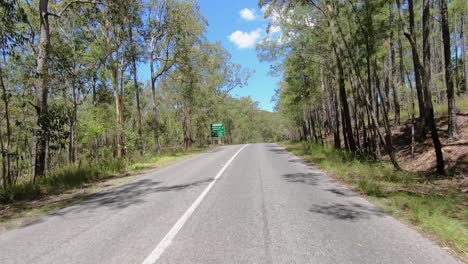 Nach-Hinten-Gerichteter-Blickwinkel-Auf-Eine-Verlassene-Landstraße-In-Queensland-Mit-Schattigen-Eukalyptusbäumen---Ideal-Für-Den-Greenscreen-Ersatz-Im-Innenraum-Einer-Autoszene