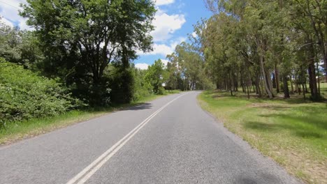 Rear-facing-driving-point-of-view-POV-of-a-deserted-Queensland-country-road-with-tall-trees-and-hill-ascent---ideal-for-interior-car-scene-green-screen-replacement