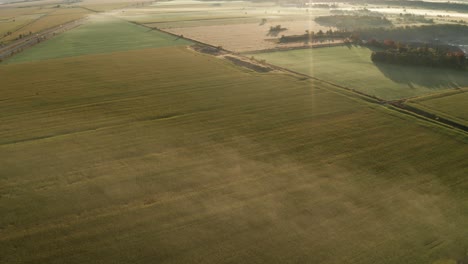 Aufsteigende-Luftaufnahme-Von-Landwirtschaftlichen-Feldern-Mit-Grünen-Feldfrüchten,-Die-Unter-Leichtem-Morgennebel-Verborgen-Sind