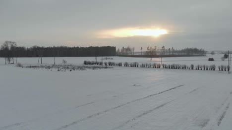 Winter-field-countryside-landscape,-aerial-drone-flying-forward-towards-sunset,-Latvia