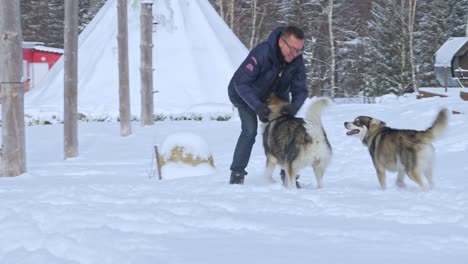 Man-playing-and-running-with-two-huskies-in-the-snow