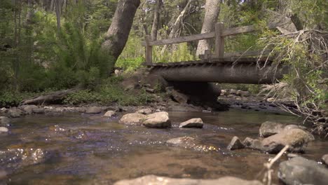 Rack-focus-from-quiet-rocky-brooke-to-empty-wooden-bridge-in-forest-in-Slow-Motion-60FPS