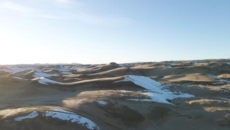 View-from-drone-over-sand-dunes-on-winter-day,-Little-Sahara-Desert-in-Utah