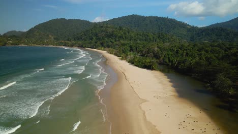 Las-Cuevas-Bay-Luftaufnahme-Des-Flusses,-Der-In-Den-Ozean-Auf-Dem-Inselstaat-Trinidad-Fließt