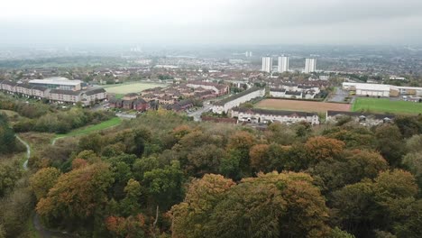 Drone-flying-over-tree's-revealing-one-of-Glasgow's-villages,-Rutherglen