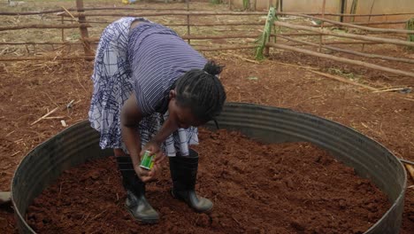 Mujer-Africana-Con-Botas-Para-Plantar-Semillas-De-Tomate-En-Lecho-Vegetal-En-África-Rural