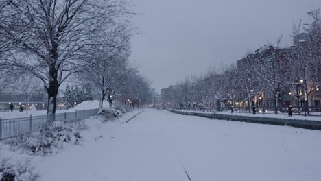 Schneebedeckte-Eisenbahnschienen-Auf-Leerer-Straße