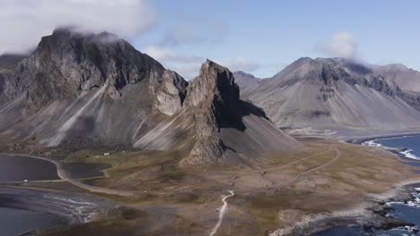 Aerial-of-famous-mountain-formation-Krossanesfjall-on-Hvalnes-peninsula