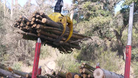 Gimbal-shot-of-truck-crane-grapple-picking-up-wooden-logs