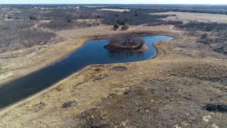 Aerial-video-approaching-a-pond-in-Texas-with-an-island-for-duck-hunting