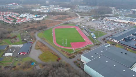 Aerial---Angeredsvallen-sports-field-in-Angered,-Gothenburg,-Sweden,-wide-shot