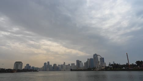 Sharjah-Timelapse:-Overcast-afternoon-over-Shajrah's-Khalid-Lake,-Sharjah-City