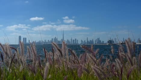 Something-of-Dubai-city-skyline-from-the-creek-harbour-on-a-beautiful-bright-sunny-day-in-the-United-Arab-Emirates