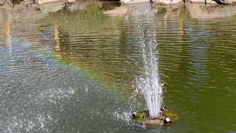 Close-up-on-fountain-with-water-jets-creating-rainbow-in-pond
