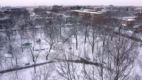 Aerial-shot-of-a-public-park-in-winter-in-Montreal