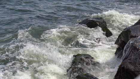 Meereswellen,-Die-über-Die-Mit-Algen-Bedeckten-Felsen-Am-Ufer-Rollen