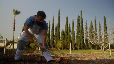 Wide-view-of-a-man-tilling-the-soil-in-his-garden