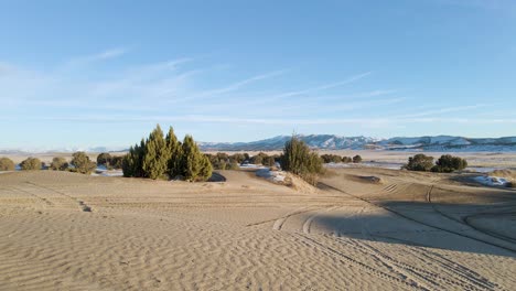 Little-Sahara-Desert,-Utah---Sand-Dunes-in-Winter,-Aerial-Panning-Shot