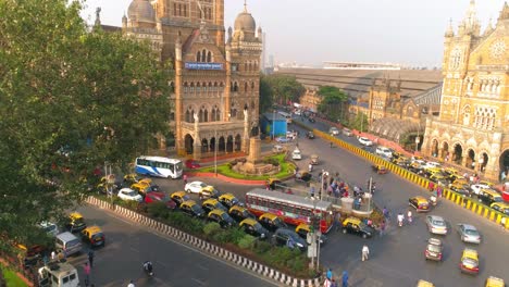 A-drone-shot-of-Chhatrapati-Shivaji-Maharaj-Terminus-and-The-Municipal-Corporation-Heritage-Buildings-in-the-Fort-area-of-South-Bombay