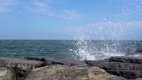 Slow-motion-video-of-The-waves-from-the-ocean-breaking-over-the-rocks-on-the-shore